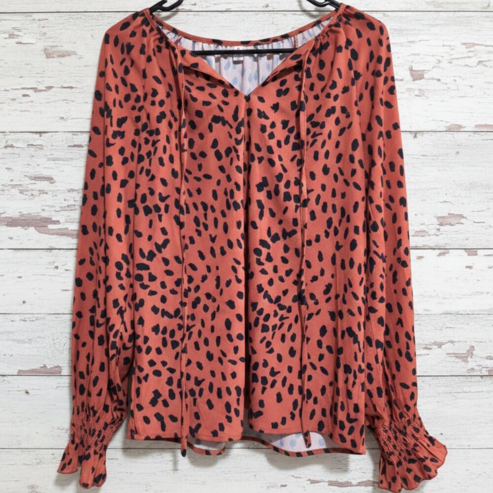 Simple Fun Size Medium Rust Black Dot Print Tie Neck Blouse Long Sleeve
